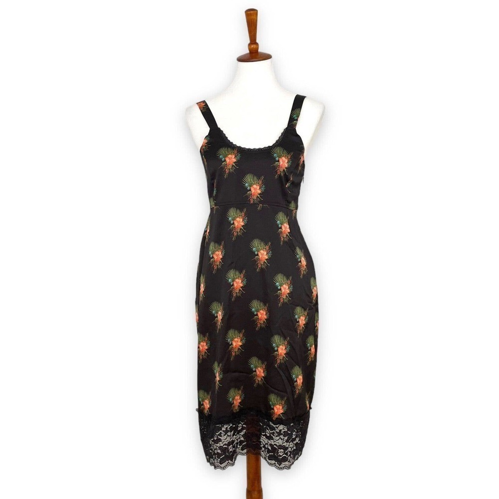 🍀 LAURIE Felt Black Floral Satin Slip Dress with Lace Hem Women's Size 00